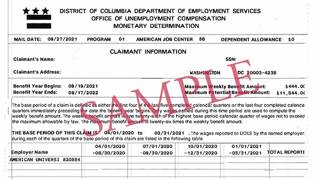 Sample of DC Unemployment Claim