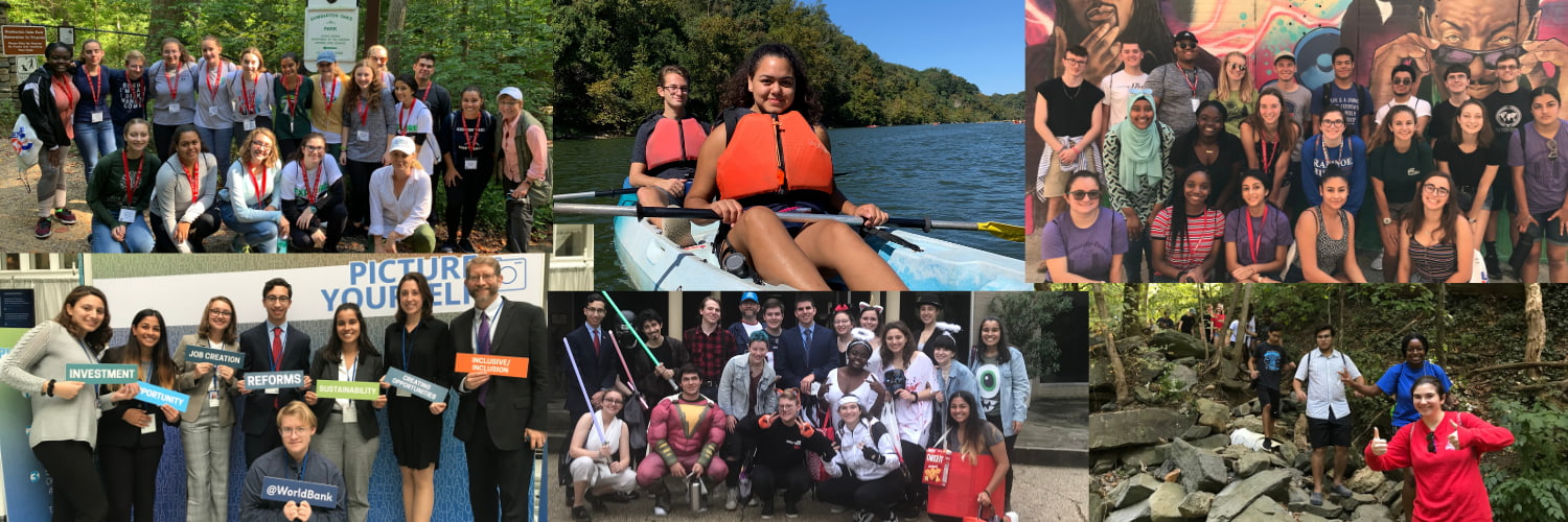 Collage of 6 photos: group of students in a forest; two students in a canoe; group of students in front of a mural; students dressed in professional attire; group of students dressed in Halloween costumes; students hiking on a trail.