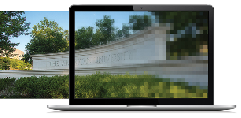 A sign on American University's campus appears pixelated on a laptop screen