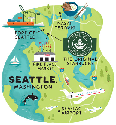 Illustrated map of seattle containing Nasai Teriyaki, the Port of Seattle, the Original Starbucks, Pike Place Market, and Seatac Airport