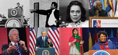 Separate images of John F. Kennedy, Stokely Carmichael, Coretta Scott King, Desmond Tutu, Bill Clinton, Barack Obama, Malala Yousafzai, and Stacey Abrams speaking on AU's campus