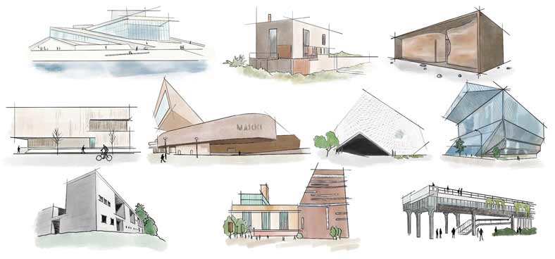 Illustrations of all 10 buildings mentioned in the article