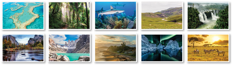 Images of Great Barrier Reef, El Yunque, Vieques, Jardines de la Reina, Arctic National Wildlife Refuge, Iguazu Falls, Yosemite, Patagonia, Greenland, and Masaai Mara
