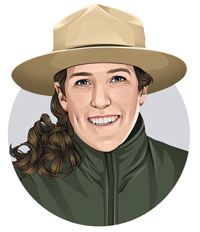 Illustrated image of Kimberly Lindegren wearing a tan ranger hat