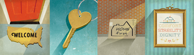 illustrations of a welcome mat, a key, a cardboard box and a cross-stich sampler