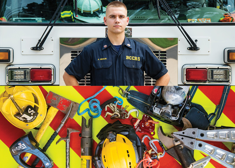 firefighter Alex Braun and his tools