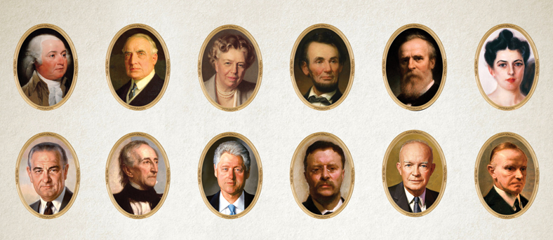 a selection of portraits of presidents and First Ladies