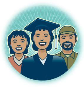 illustration of AU graduate with her parents
