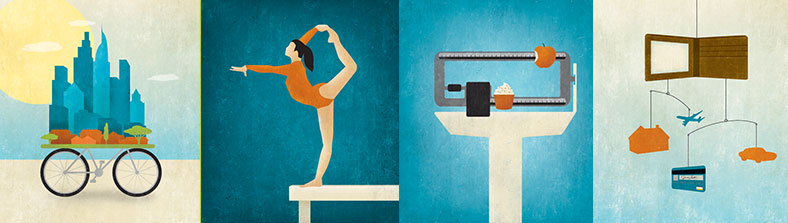 illustrations of a skyline, gymnast, wallet and a scale