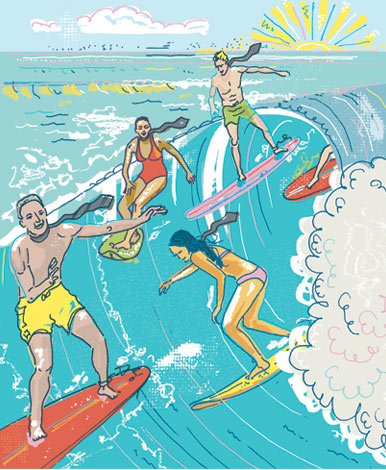 illustration of business people in ties and bathing suits, surfing