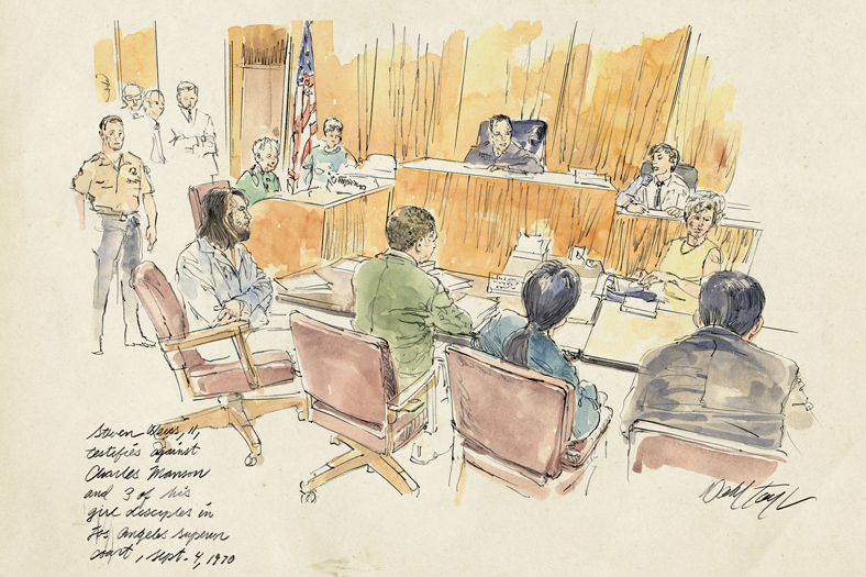 courtroom drawing of Steven Weiss testifying against Charles Manson in 1970