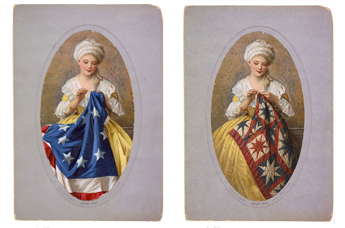 Betsy Ross sewing a flag and Betsy Ross sewing a quilt