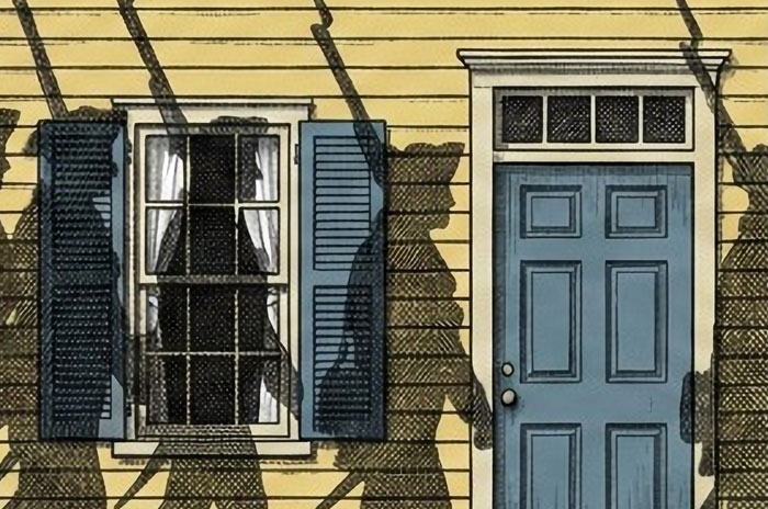 Shadow of soldiers cast on a house