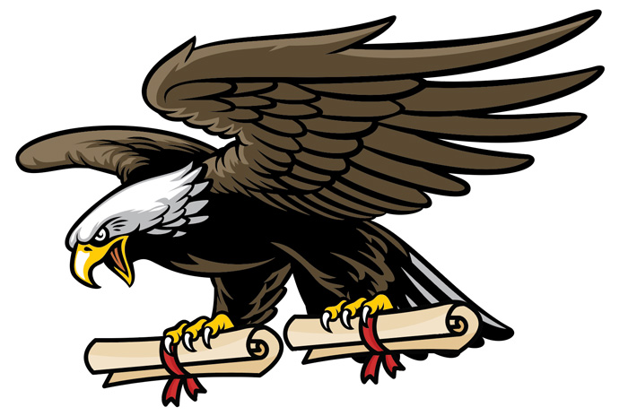 an illustrated eagle holding two diplomas in its talons