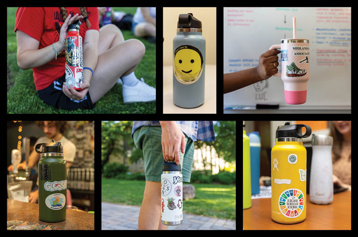 AU students' water bottles in a variety of colors featuring stickers