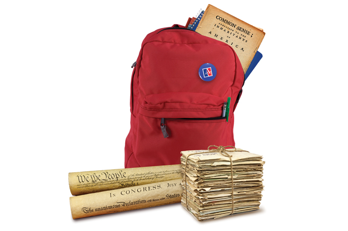 red backpack with parchment paper documents