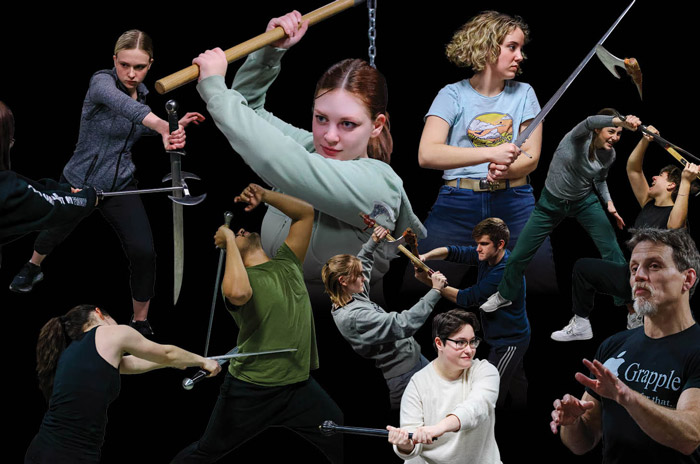 student actors swinging swords