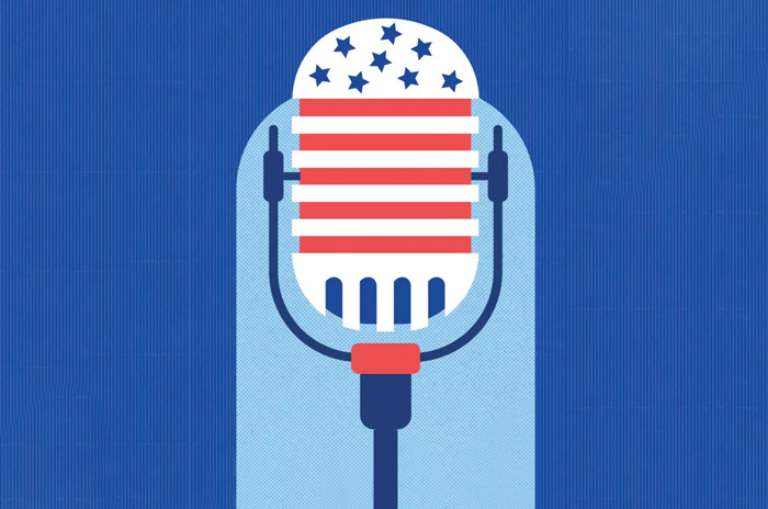 a microphone adorned with Stars and Stripes