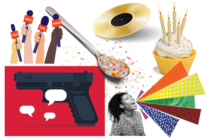 cupcake, gold record, reporters with microphones and a gun
