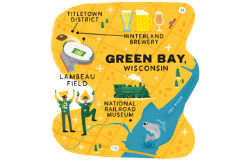 Illustrated map of Green Bay containing the National Railroad Museum, Hinterland Brewery, and Lambeau Field