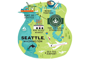 Illustrated map of seattle containing Nasai Teriyaki, the Port of Seattle, the Original Starbucks, Pike Place Market, and Seatac Airport