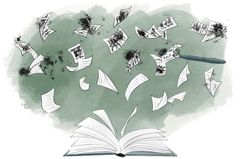 pages with ink blots and words fall into a book