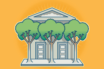 illustrated campus building with trees in front of the columns