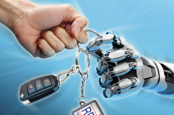 A robot and human hand struggle over car keys with a DC license plate key chain