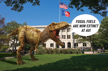 dinosaur in front of Mary Graydon Center proclaiming that fossil fuels are extinct at AU