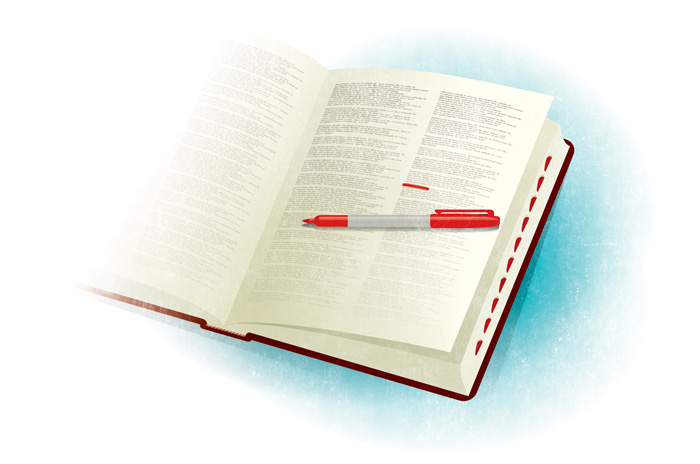 dictionary with a red pen