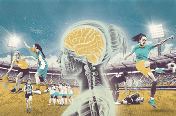 Collage of illustrated female athletes, centered by a women's soccer player's brain