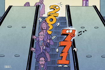 An illustration of 771 standing on the left side of the Metro escalator while 202 looks on angrily