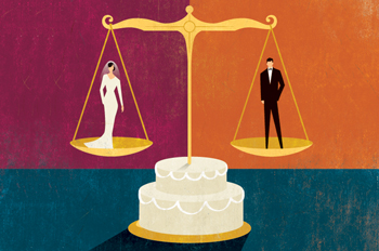 illustration of a scale over a wedding cake with a bride and groom on either side