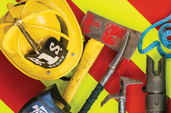 firefighter's helmet and tools