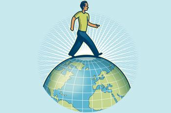 illustration of an intern walking on top of a globe