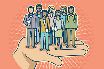illustration of hand holding a group of students