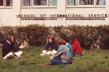 From the archives: students sitting in front of the School of International Service building.