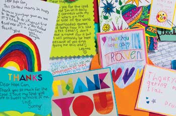A collection of thank you notes to Len Forkas from kids Hopecam helps