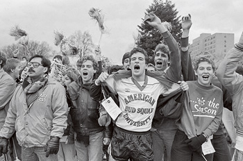 fans celebrating AU's 1985 men's soccer team