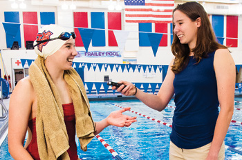 photo illustration of swimmer Shannon Scovel being interviewed poolside by reporter Shannon Scovel