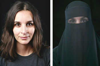 Two women side by side. One wearing a veil, one's face is showing