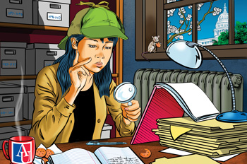 Woman uses magnifying glass to examine documents
