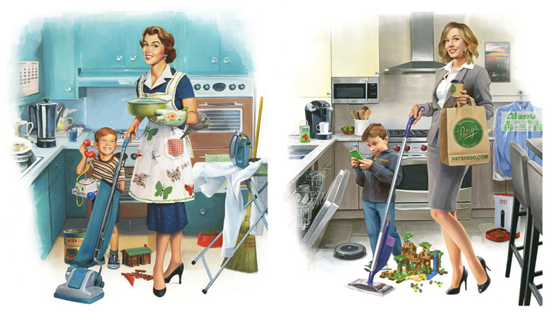 Illustrated, side-by-side images of a housewife and working mother