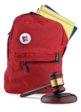 red backpack with a gavel