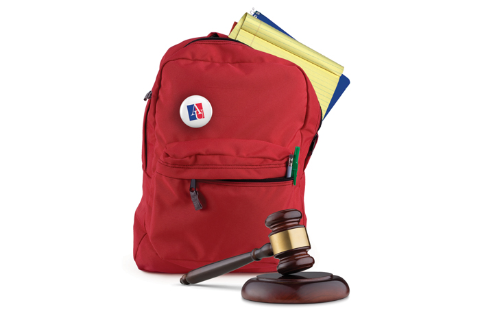 red backpack with a gavel