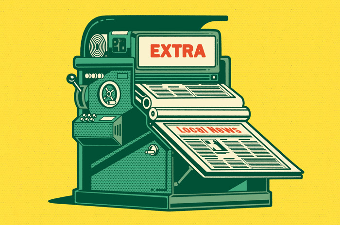 an illustration of a newspaper press that says 