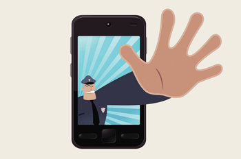 An illustrated police officer's hand extending out of a smart phone