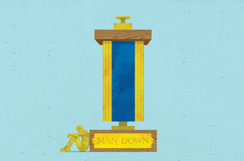 Illustrated trophy with golden figurine slumped against the trophy's base