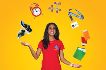 Track athlete Arianna Lopez juggles shoes, a clock, a chemical compound, a lanyard, and books