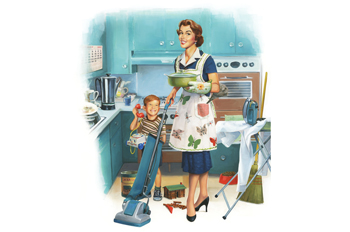 Illustrated, side-by-side images of a housewife and working mother